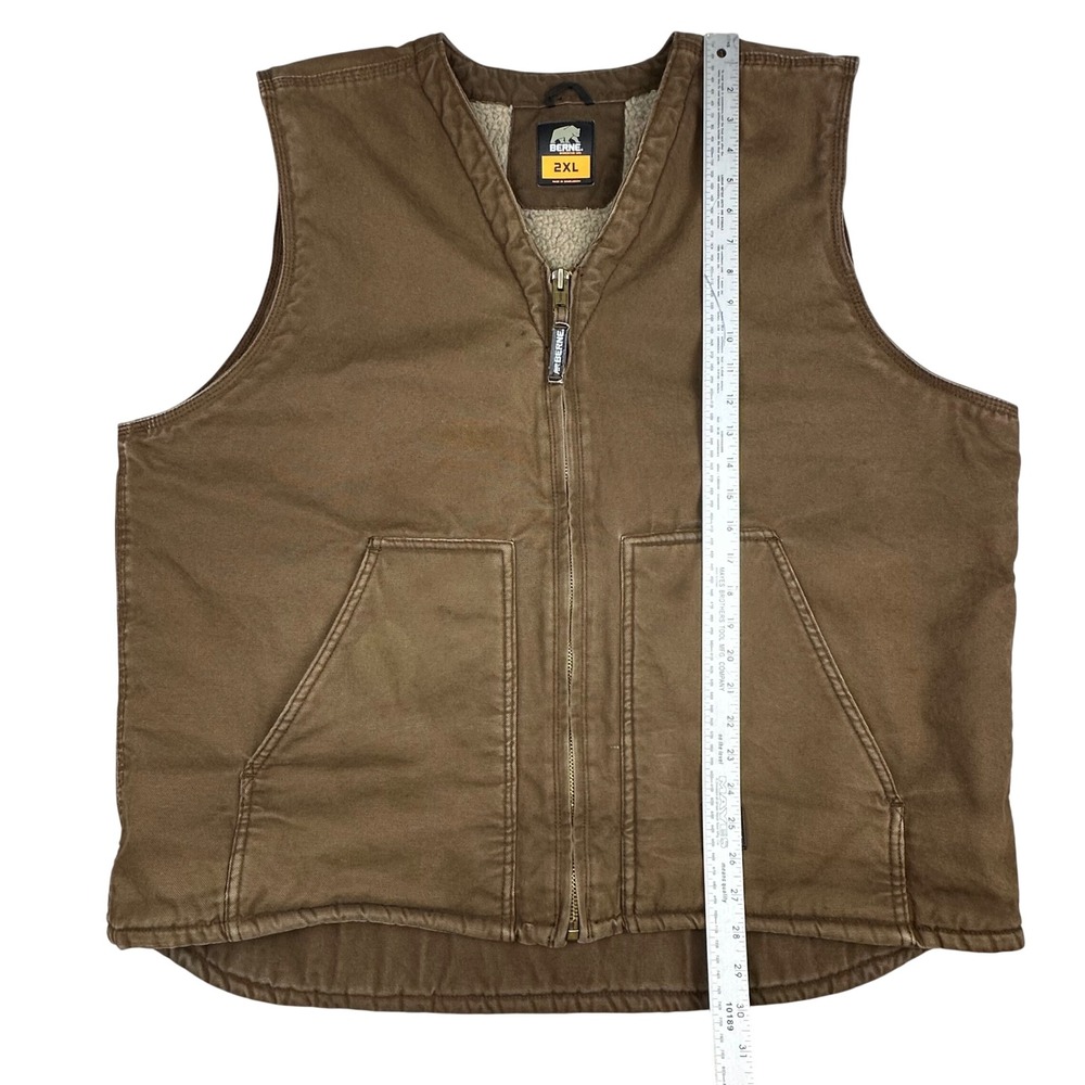 Berne Mens 2XL Brown Duck Canvas Sherpa Lined Workwear Vest Full Zip V-Neck - Picture 10 of 16